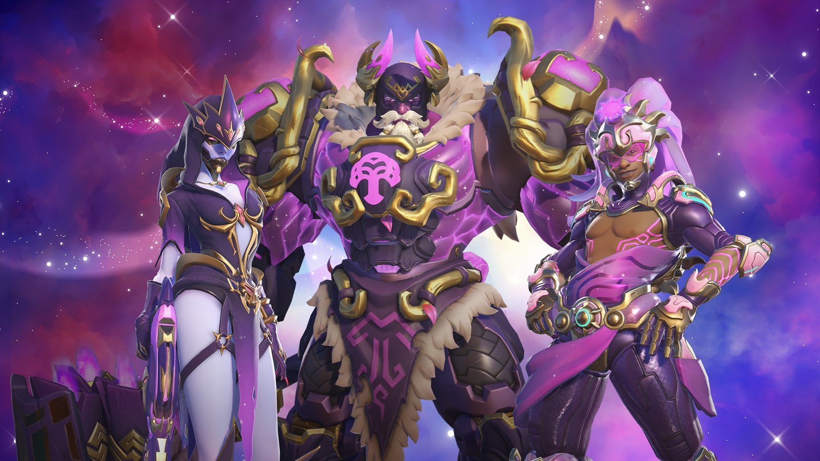 Official Cosmic OWL collection artwork for Widowmaker, Lucio, and Reinhardt.