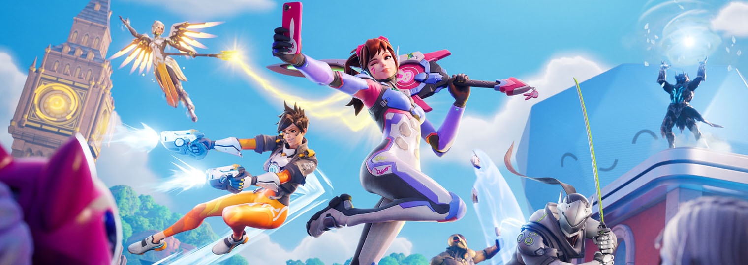 Tracer, Mercy, Genji, and D.Va in official Overwatch and Fortnite crossover artwork.