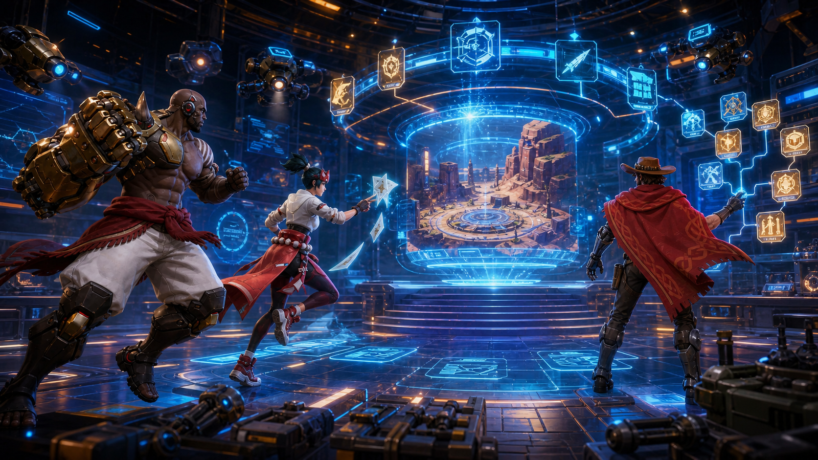 Heroes activate modular ability paths inside a holographic Community Crafted workshop.