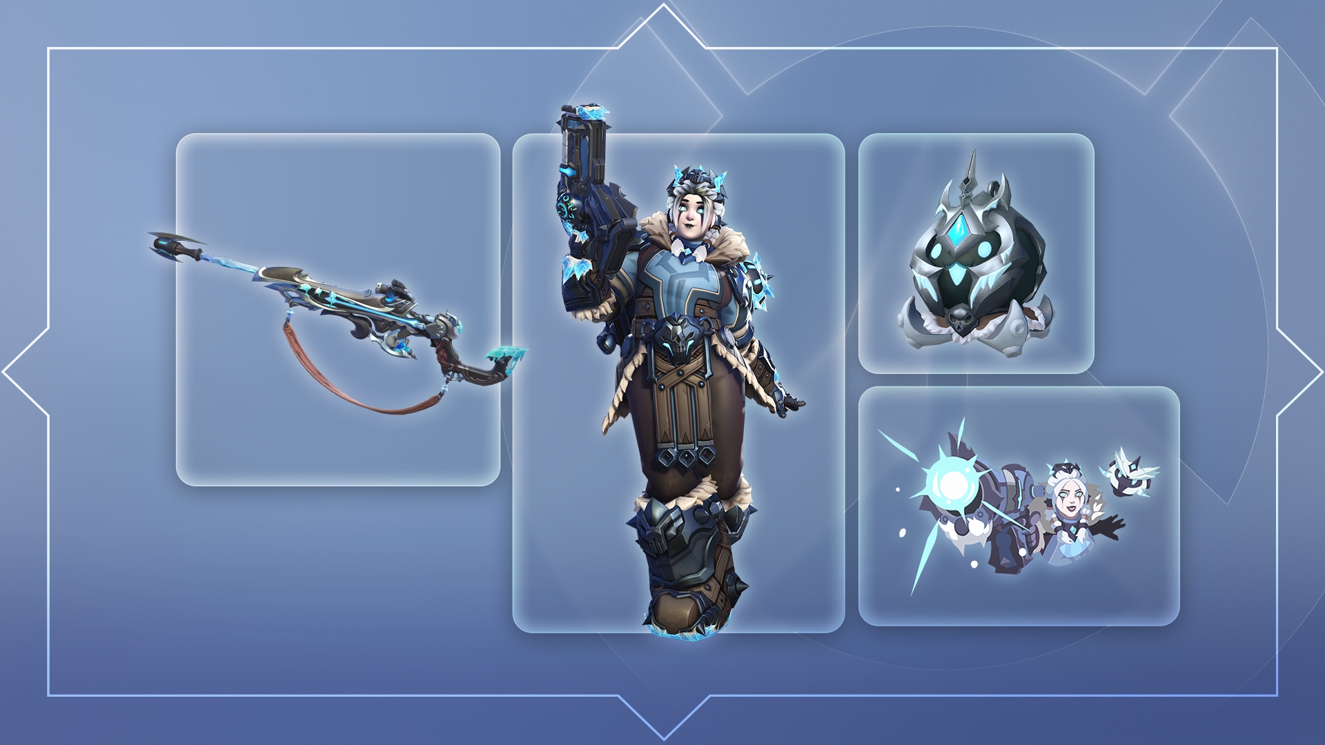 Official BlizzCon 2026 Overwatch Bundle artwork showing the Lich Queen Mei skin, Frostmourne Ana weapon skin, Lichimari King charm, and Mei spray.