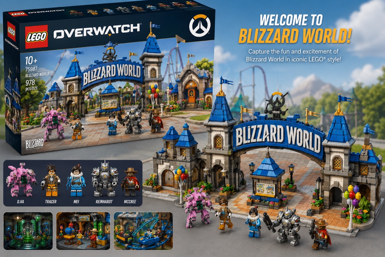 Submitted concept image depicting a LEGO Overwatch Blizzard World set and five character figures.