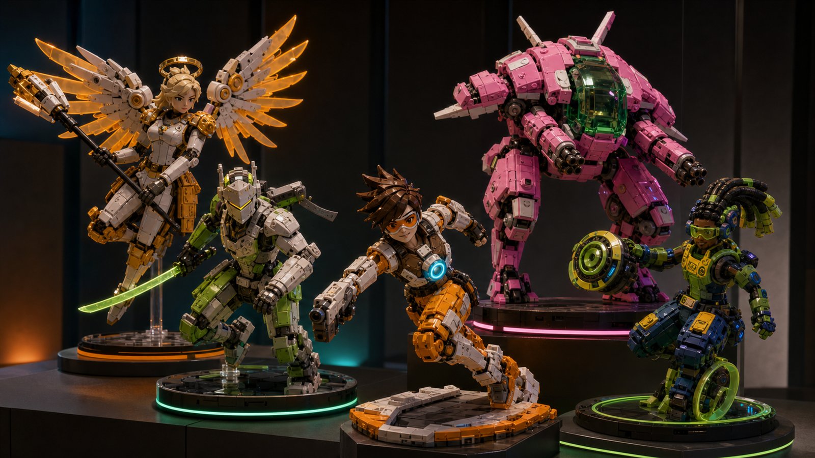 Payload Wire editorial display of five brick-built Overwatch hero concepts.