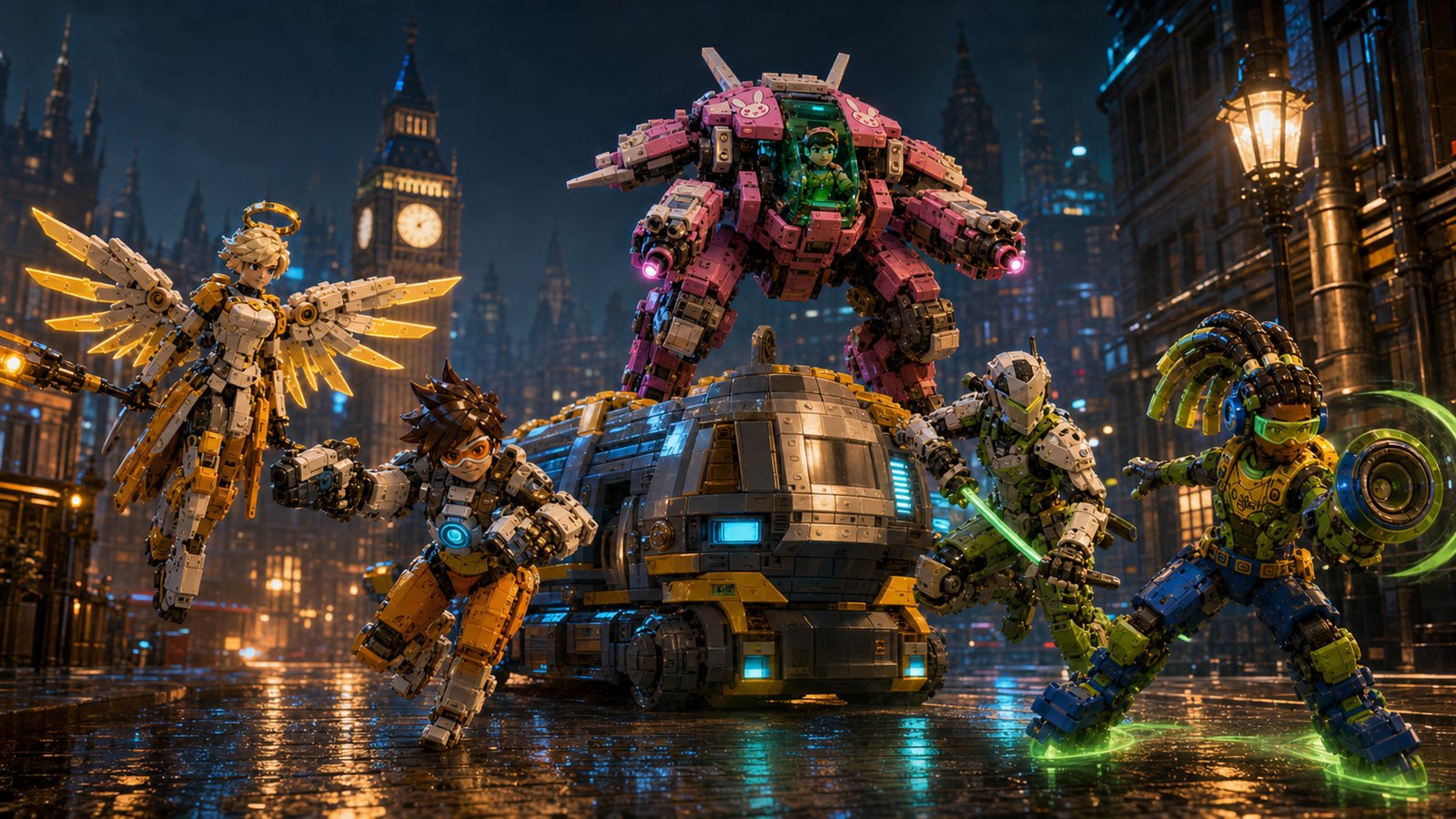 Payload Wire editorial visualization of brick-built Overwatch heroes escorting a payload through a futuristic London street.