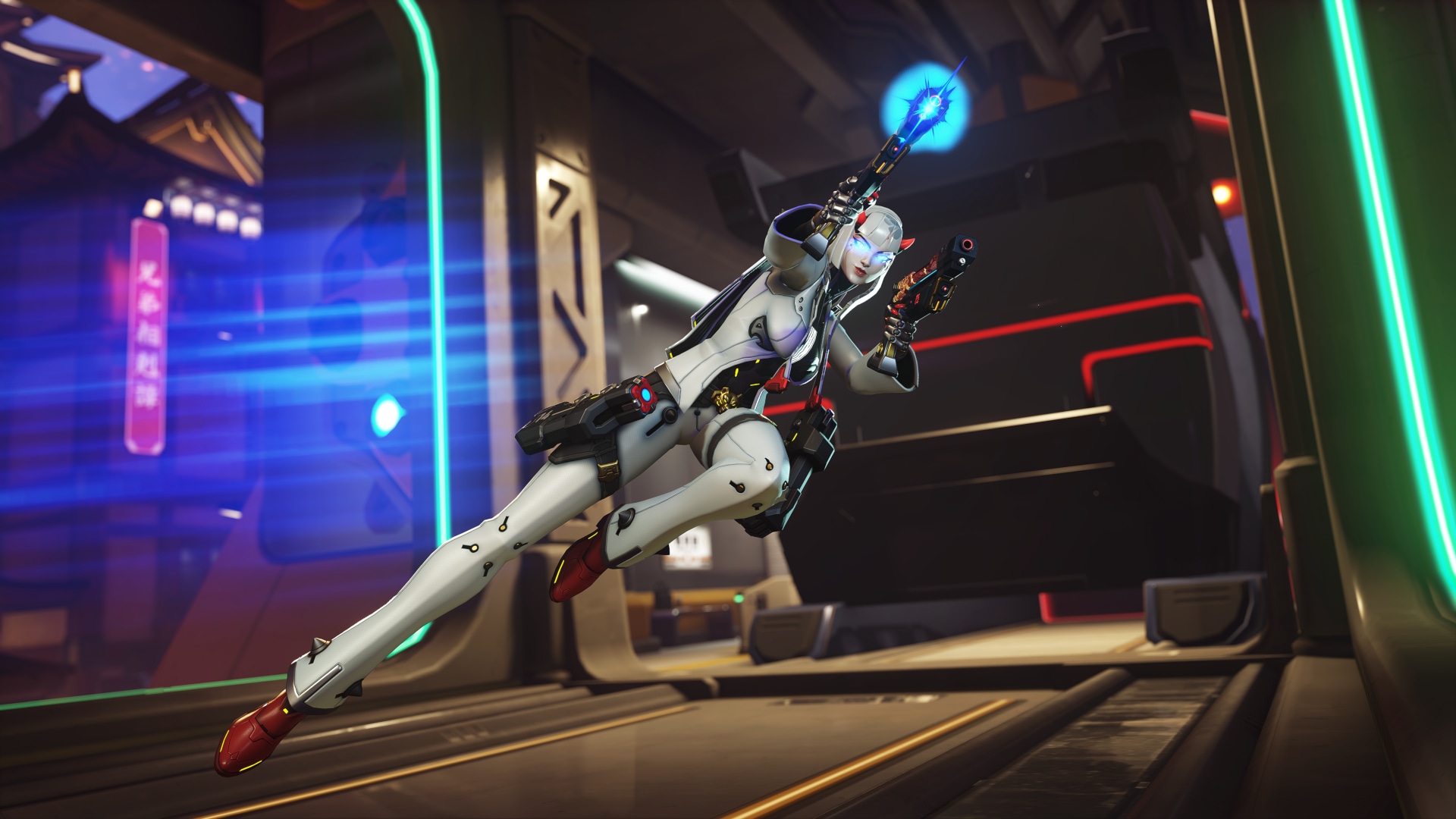 Shion moves through the train station on Overwatch's Neon Junction map.