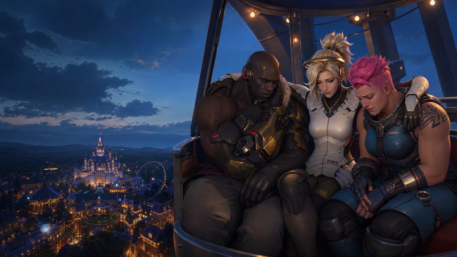 Doomfist and Zarya crying as Mercy comforts them inside a Ferris wheel gondola above Blizzard World.