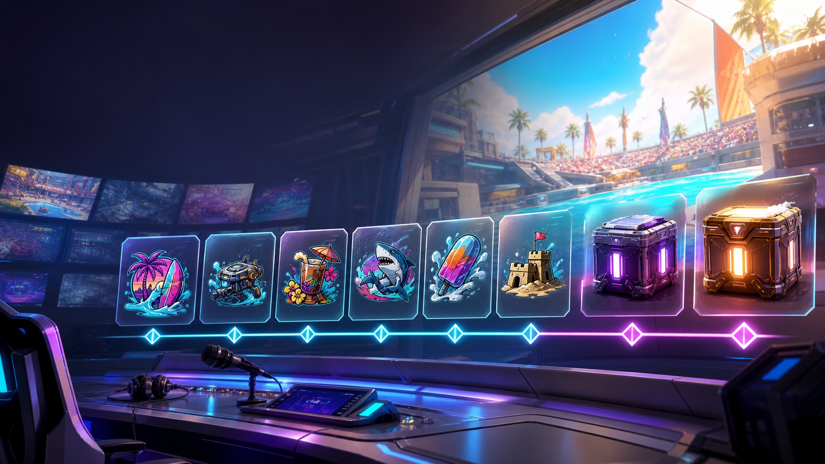 A summer broadcast desk displaying six collectible spray cards and two loot containers along a glowing reward track.