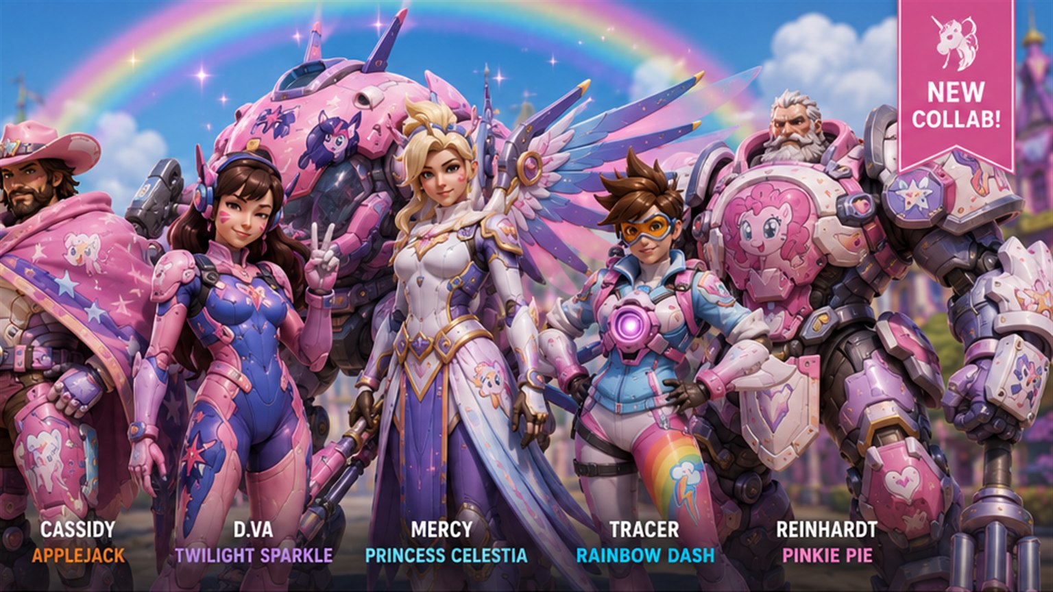 Cassidy, D.Va, Mercy, Tracer, and Reinhardt in pony-inspired outfits shown in unverified Overwatch collaboration artwork.