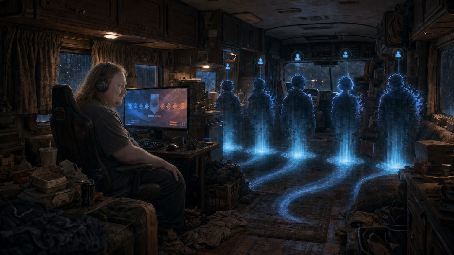 A tired solo-queue player inside a cluttered RV watches temporary teammate silhouettes disappear into separate matchmaking paths.
