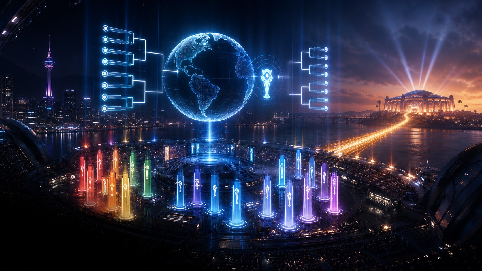 Original editorial artwork showing sixteen international competitors grouped around a holographic tournament bracket leading toward a championship arena.