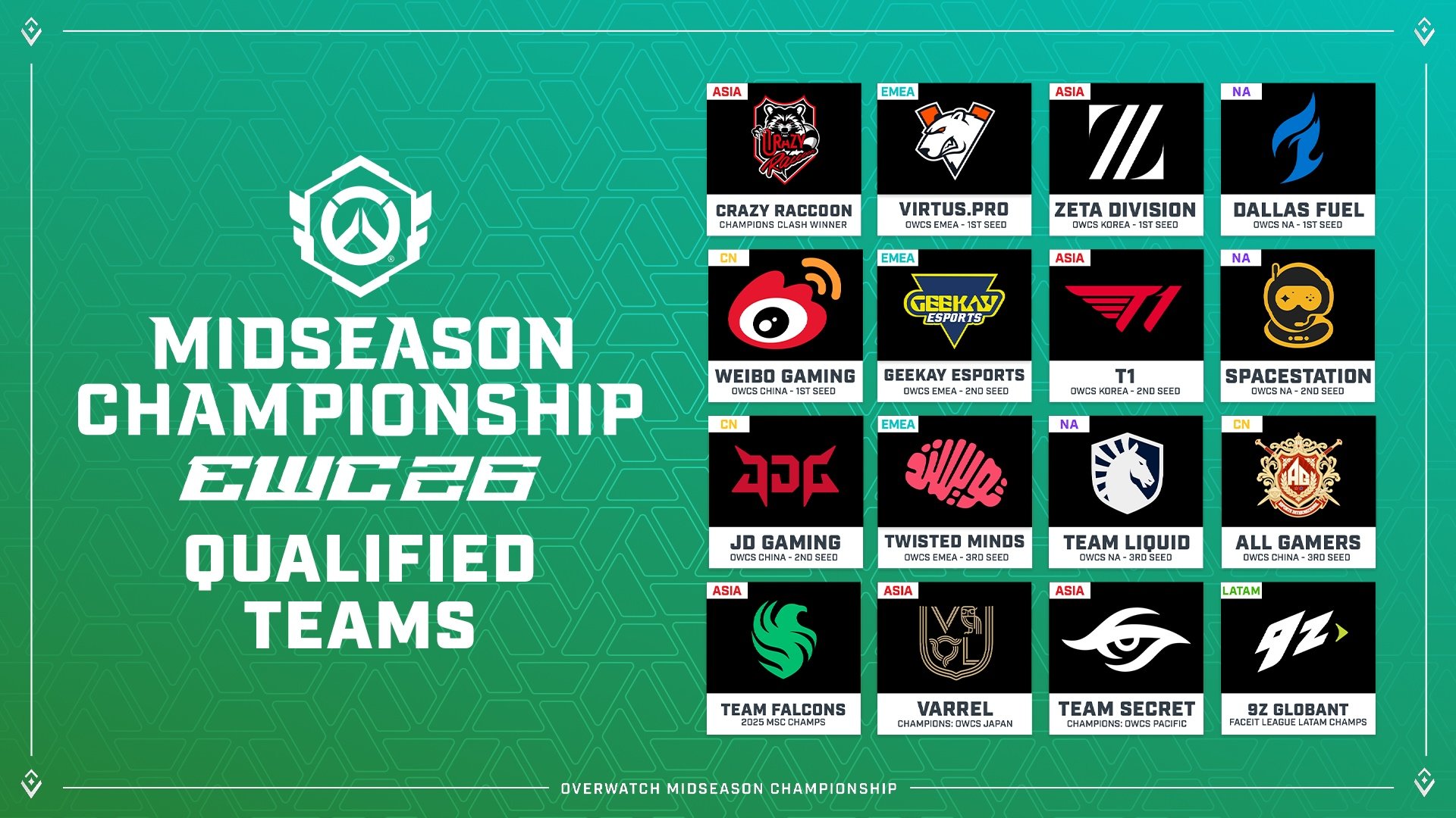 Official OWCS graphic showing the 16 teams qualified for the 2026 Midseason Championship in Paris.
