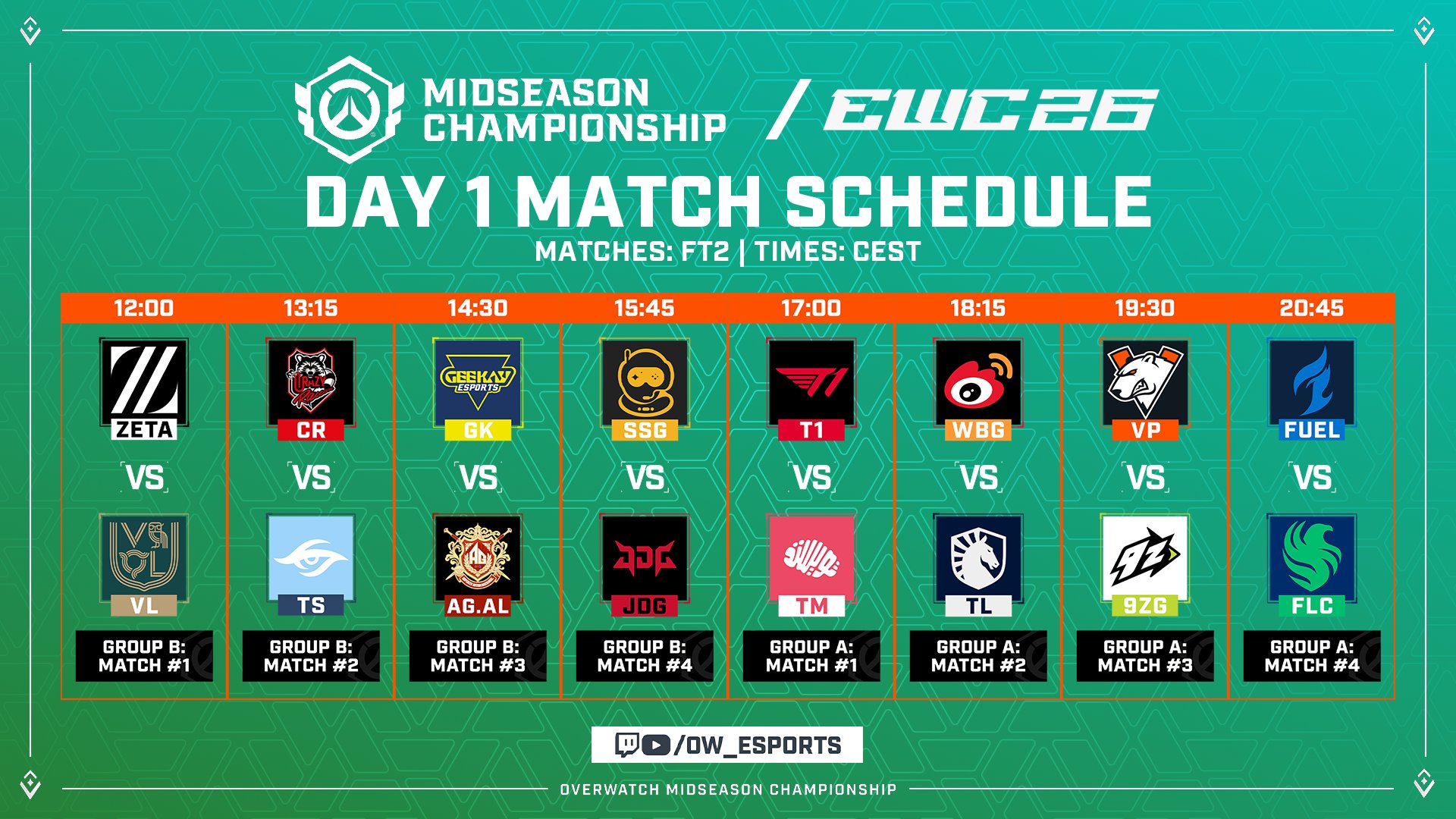 The official Day 1 match schedule for the 2026 OWCS Midseason Championship.