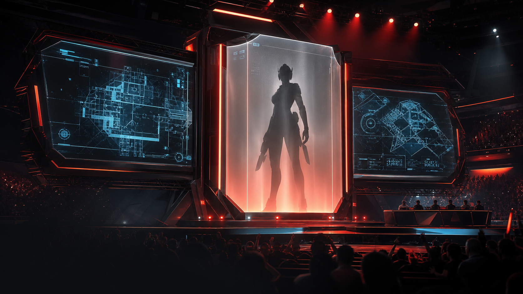 An unidentified hero silhouette stands on a futuristic esports reveal stage between tactical map displays.