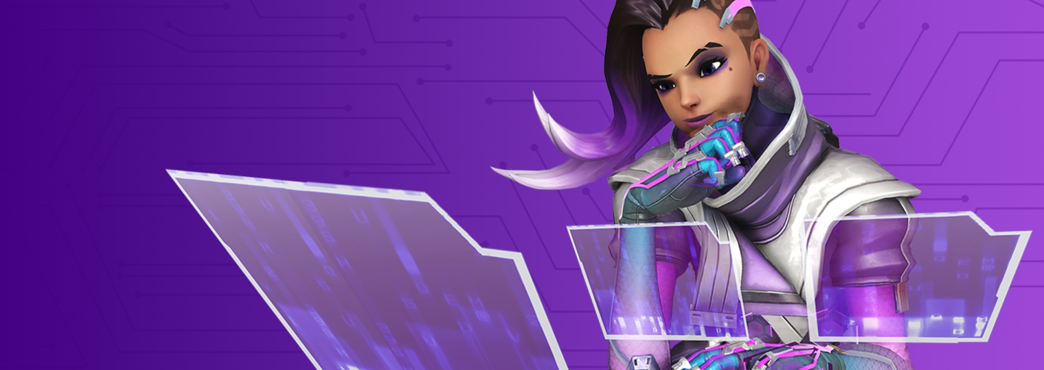 Official Overwatch Season 3 midcycle artwork featuring Sombra at a tactical display.
