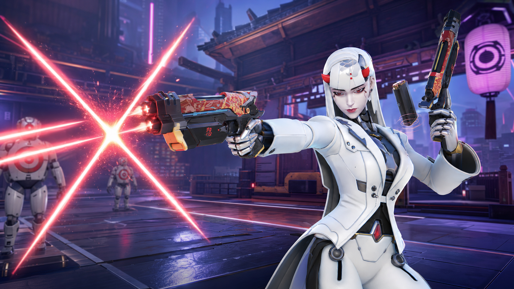 Shion fires an X-shaped Execution volley while reloading her second pistol.
