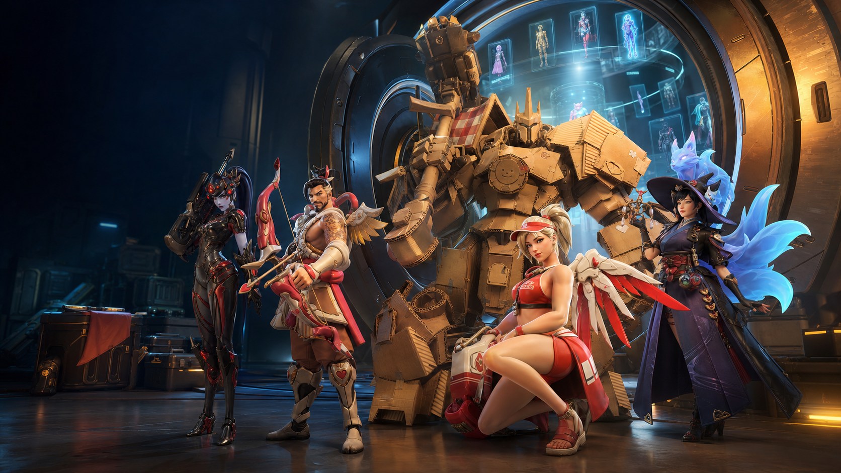 Cardboard Reinhardt stands at an illuminated cosmetic vault with Lifeguard Mercy, Witch Kiriko, Cupid Hanzo, and Cyberdevil Widowmaker.