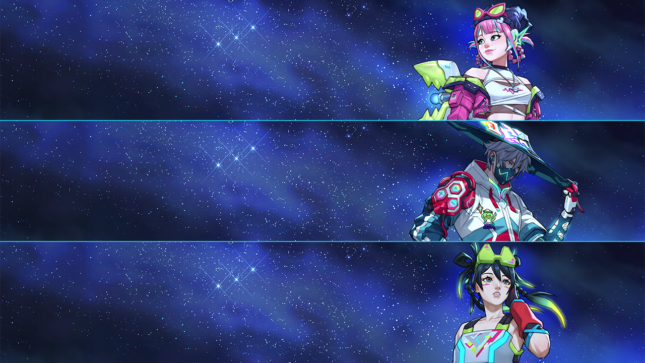 A three-panel composite of extracted YOASOBI Nights name-card artwork for Juno, Mizuki, and Kiriko.