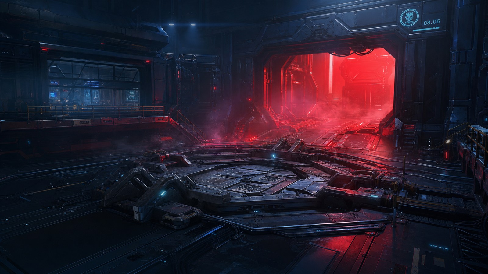 Payload Wire editorial artwork of an empty futuristic mech bay and an opened red-lit pilot door marked August 6.