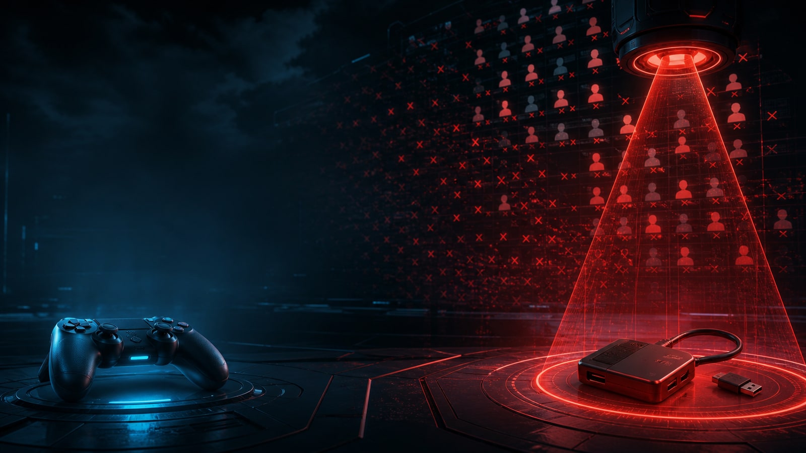 A console controller and unauthorized input adapter separated by a red anti-cheat security scan