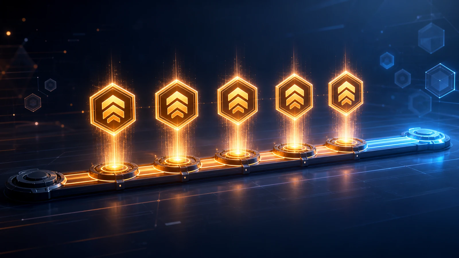 Five glowing tier-skip tokens hovering over a futuristic season reward track.