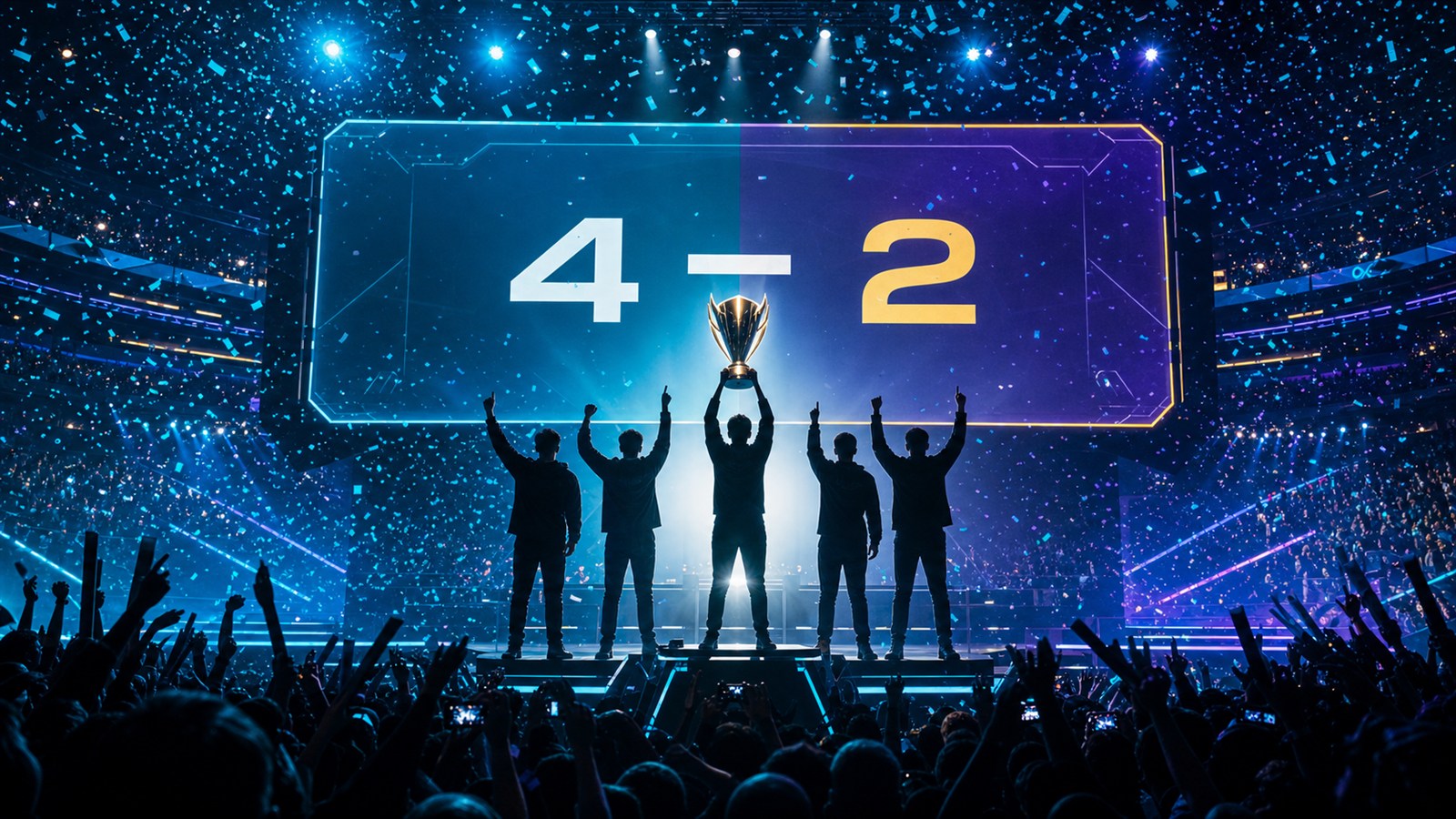 Payload Wire editorial artwork of five esports players lifting a trophy beneath a 4-2 final scoreboard.