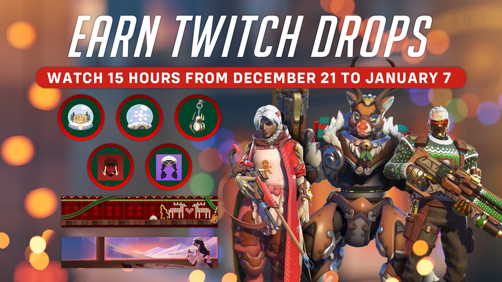 Official Overwatch artwork accompanying Holly Jolly Twitch Drops.