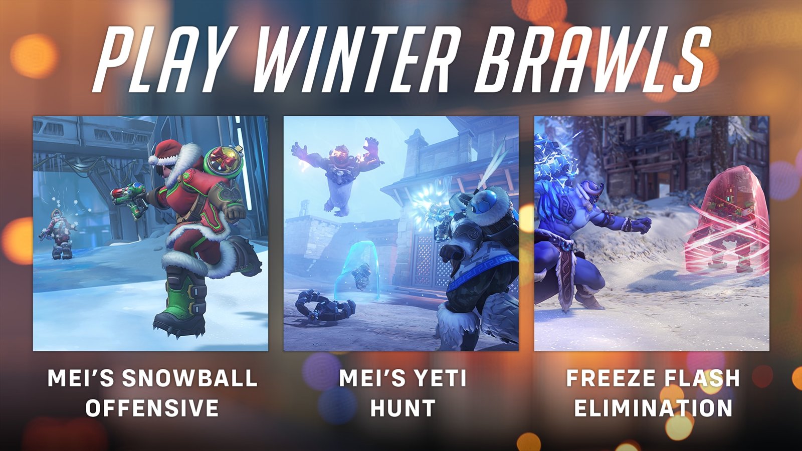 Official Overwatch artwork accompanying Play Your Favorite Winter Brawls.