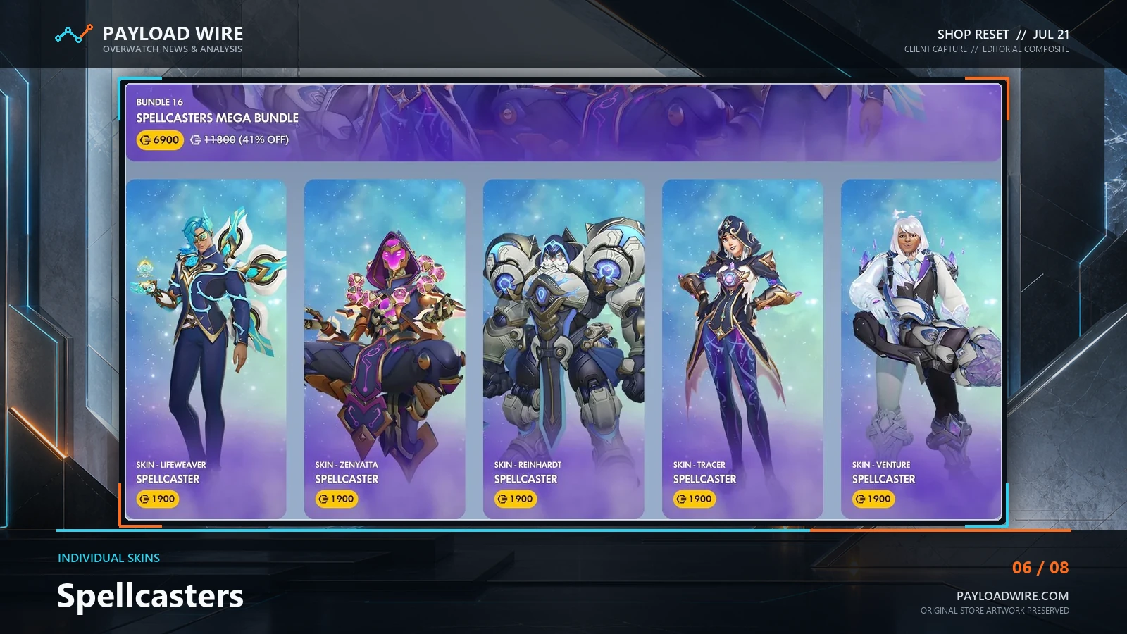 Spellcaster skins for Lifeweaver, Zenyatta, Reinhardt, Tracer and Venture.