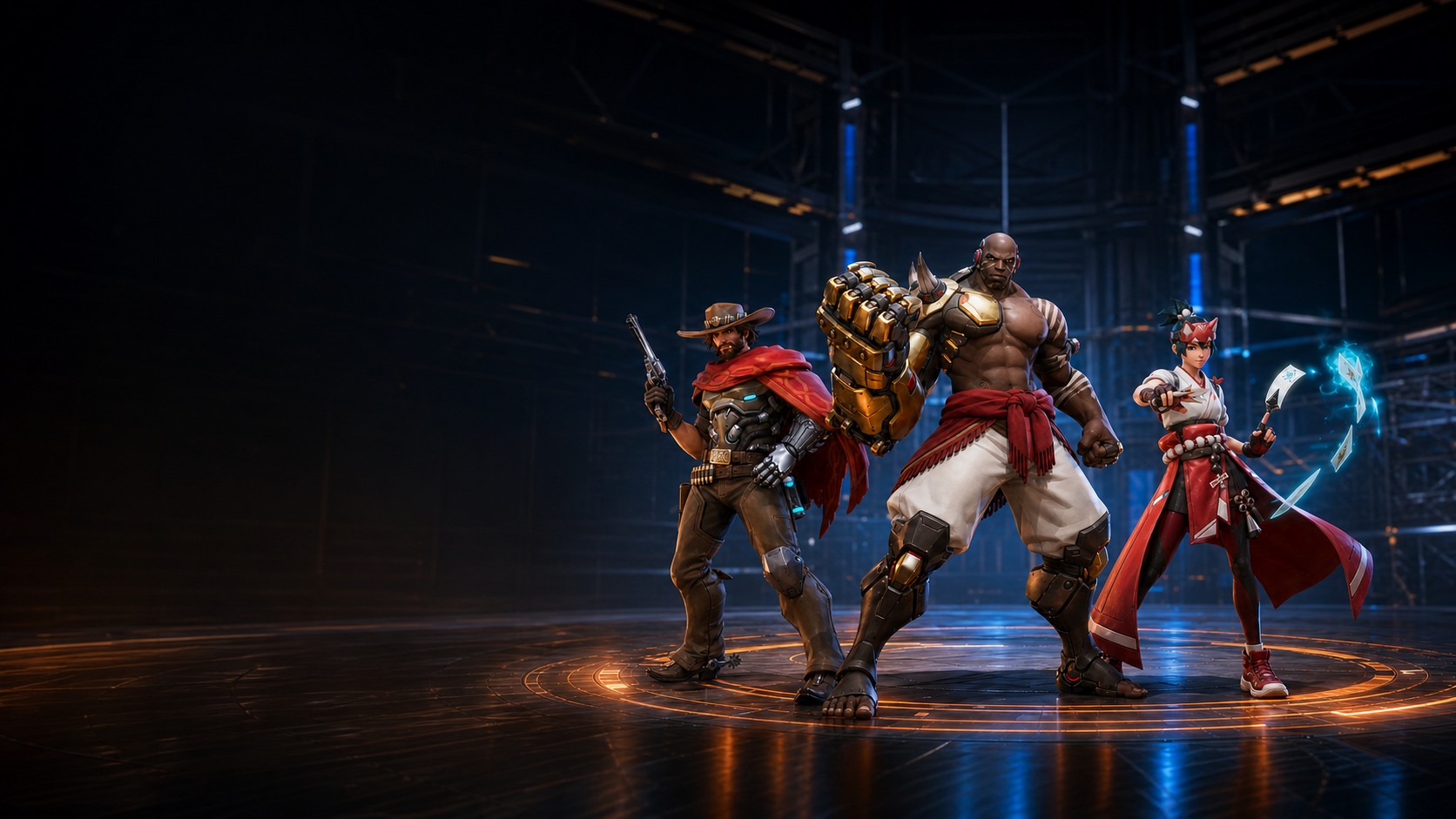 Cassidy, Doomfist, and Kiriko assembled for an Overwatch balance-update illustration.